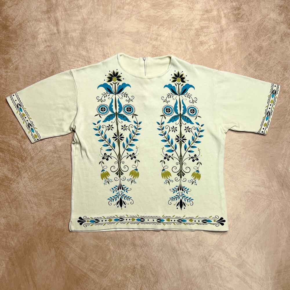 Vintage 70s Jane Colby Floral Folk Art Shirt Top Bohemian Peasant Mod Midcentury